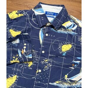 VTG Nautica Blue Sail Mens Navy Map Sailboat AOP Print Button Down Shirt Sz M